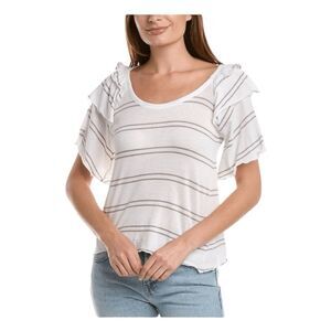 Chaser Gauzy Ruffle Shoulder Flouncy Tee White Gray Cotton Knit Short Sleeve L